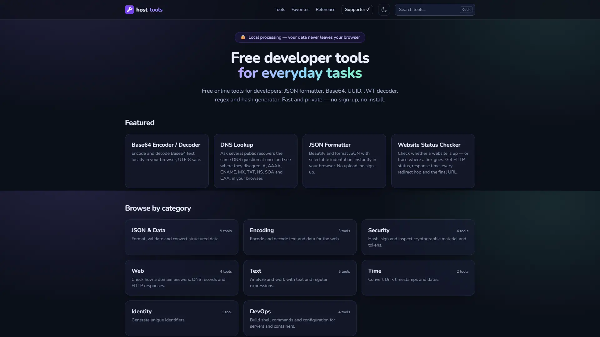Captura de host-tools.com: la portada con las herramientas destacadas, el buscador y las categorías