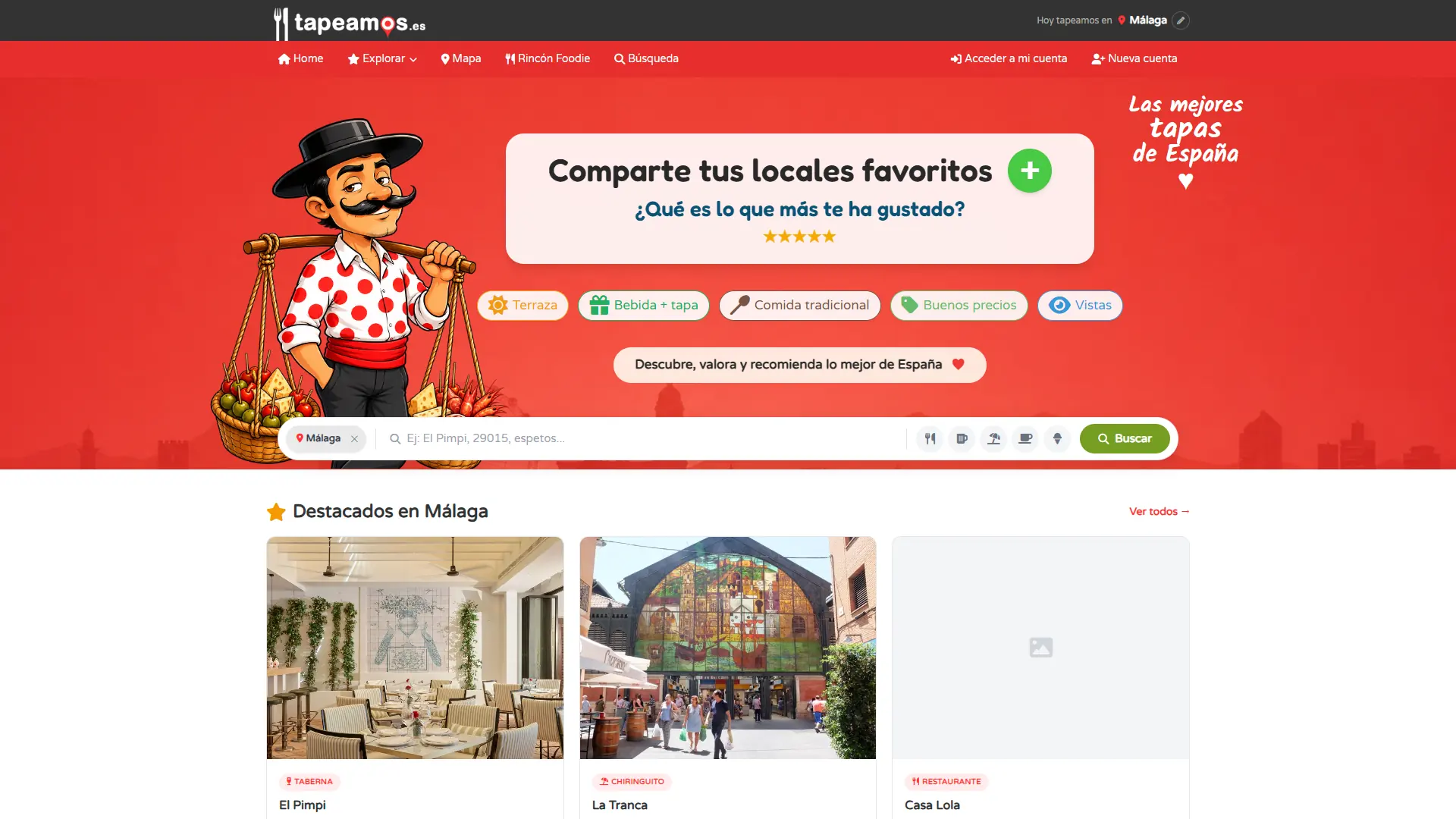 Captura de Tapeamos: la portada de Málaga con los locales destacados, sus notas, sus reseñas y el Rincón del Foodie
